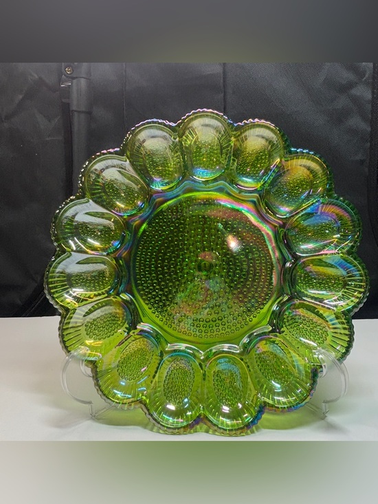 Other - Indiana Glass Iridescent Green Carnival Hobnail Thousand Eye Egg Plate